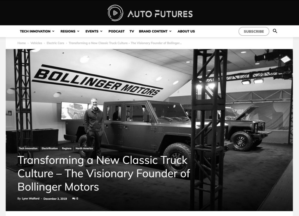 Screenshot of CEO Robert Bollinger and the Bollinger B1 as seen on the Auto Futures website with the headline Transforming a New Classic Truck Culture — The Visionary Founder of Bollinger Motors