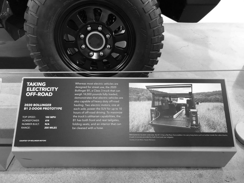 Photo of the display featuring information about the Bollinger B1 Prototype at the Petersen Automotive Museum in Los Angeles, California