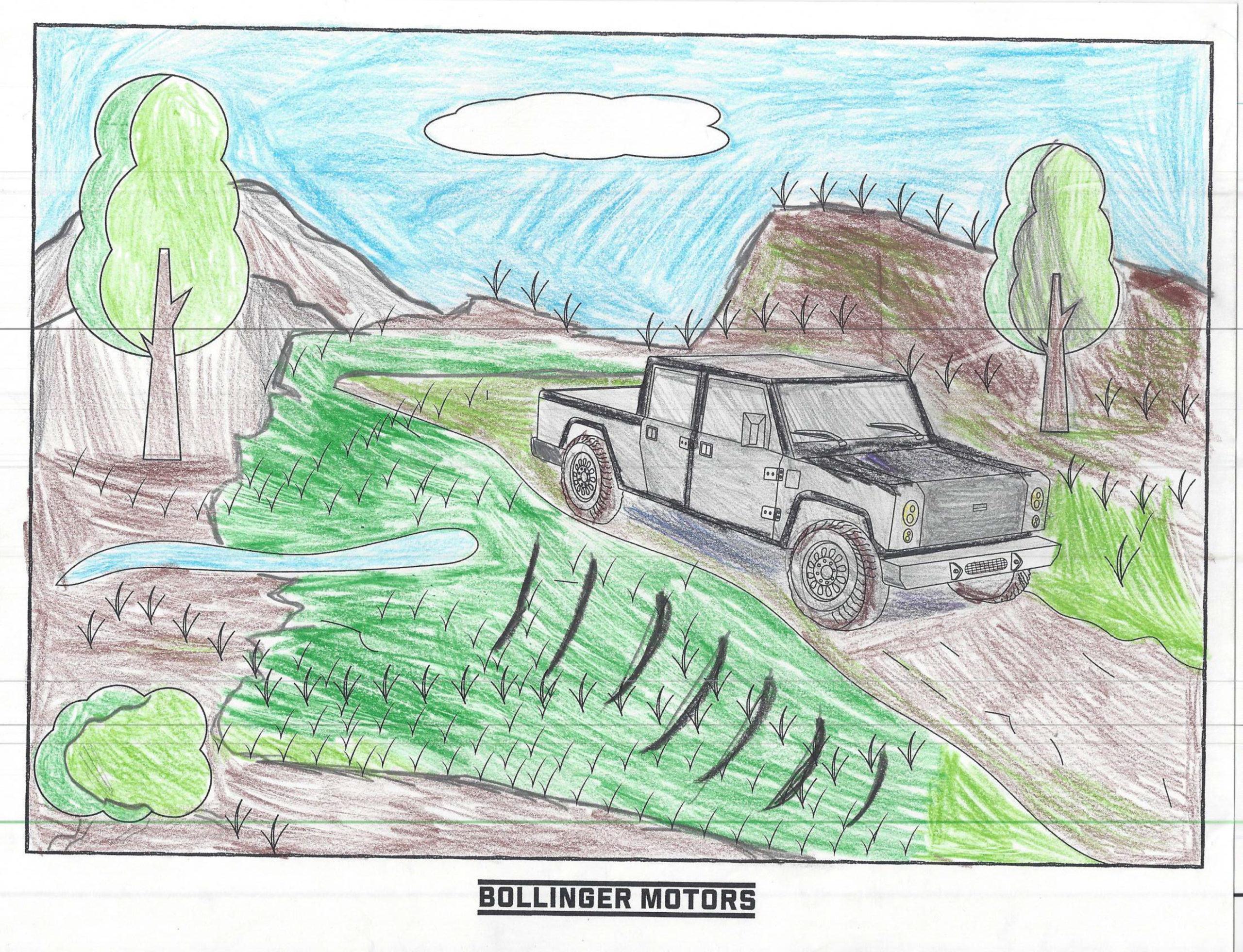 Children's coloring book submission of the B2 in grey in a colorful landscape