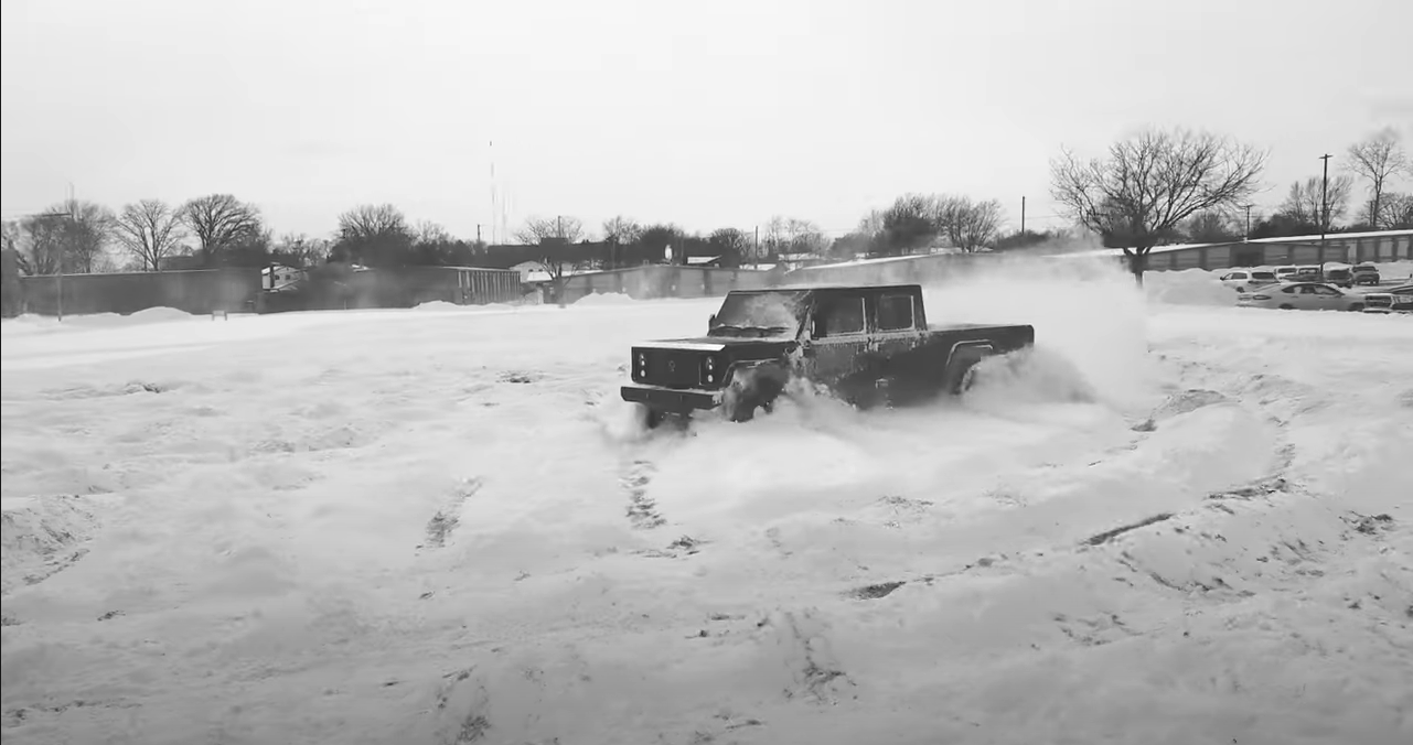 The Bollinger B2 pickup truck having fun in the snow.