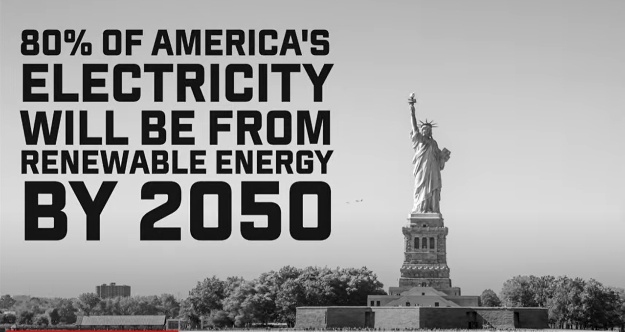 The Statue of Liberty with the words 80% of America's electricity will be form renewable energy by 2050