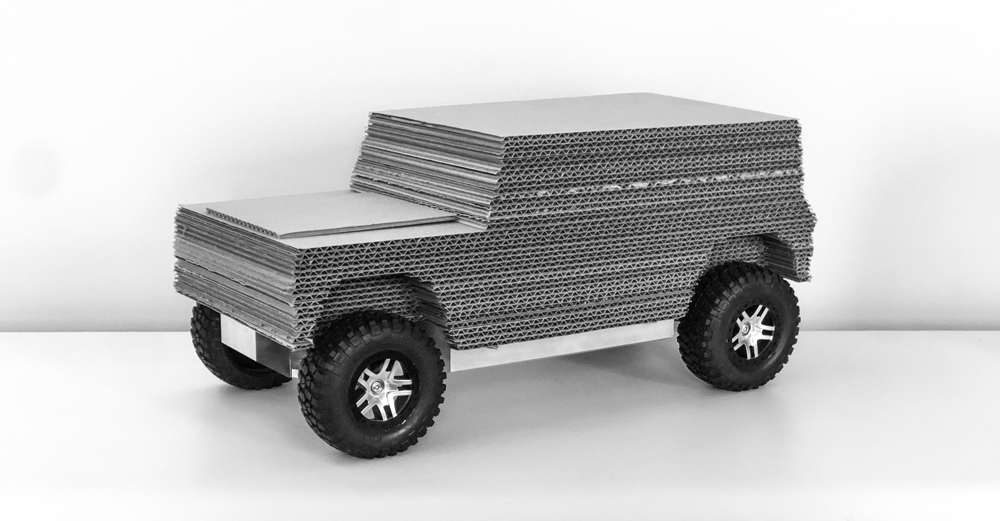 Cardboard model of the Bollinger B1 two door truck made by Robert Bollinger in the first year of business.