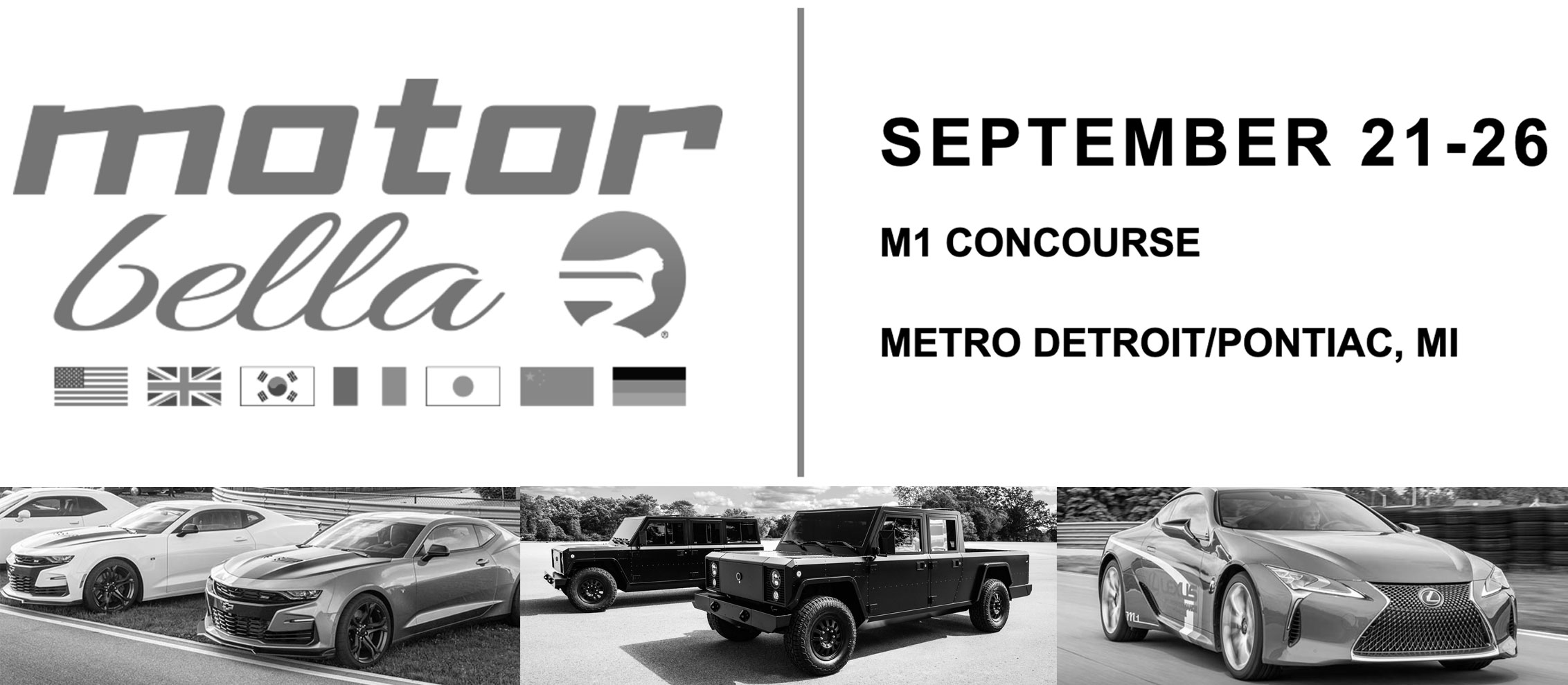 Announcement image for the Motor Bella event at the M1 Concourse September 21 through 26 in Pontiac Michigan