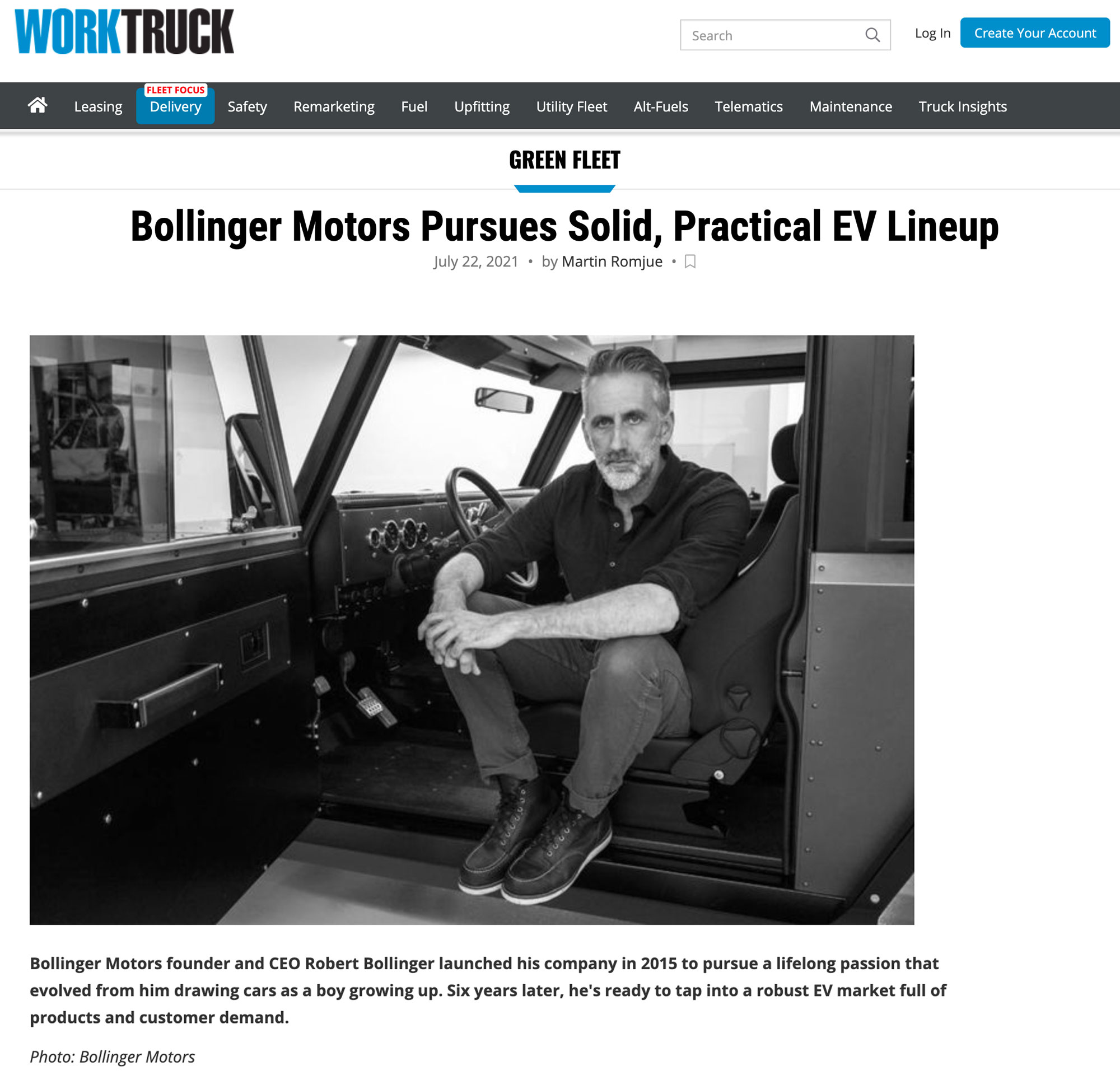 Ceo Robert Bollinger on cover of Work Truck Article