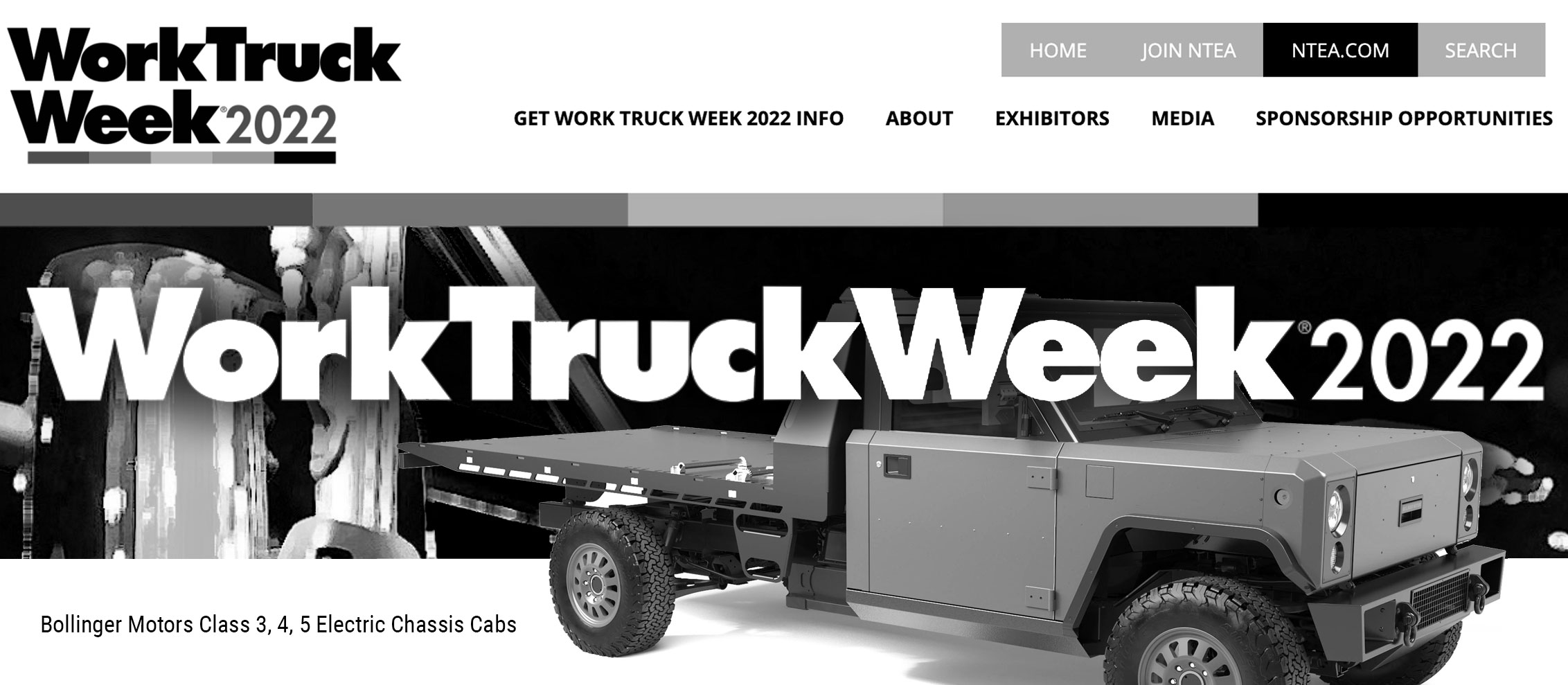Work Truck Week Home page with Bollinger Chassis Cab featured on it