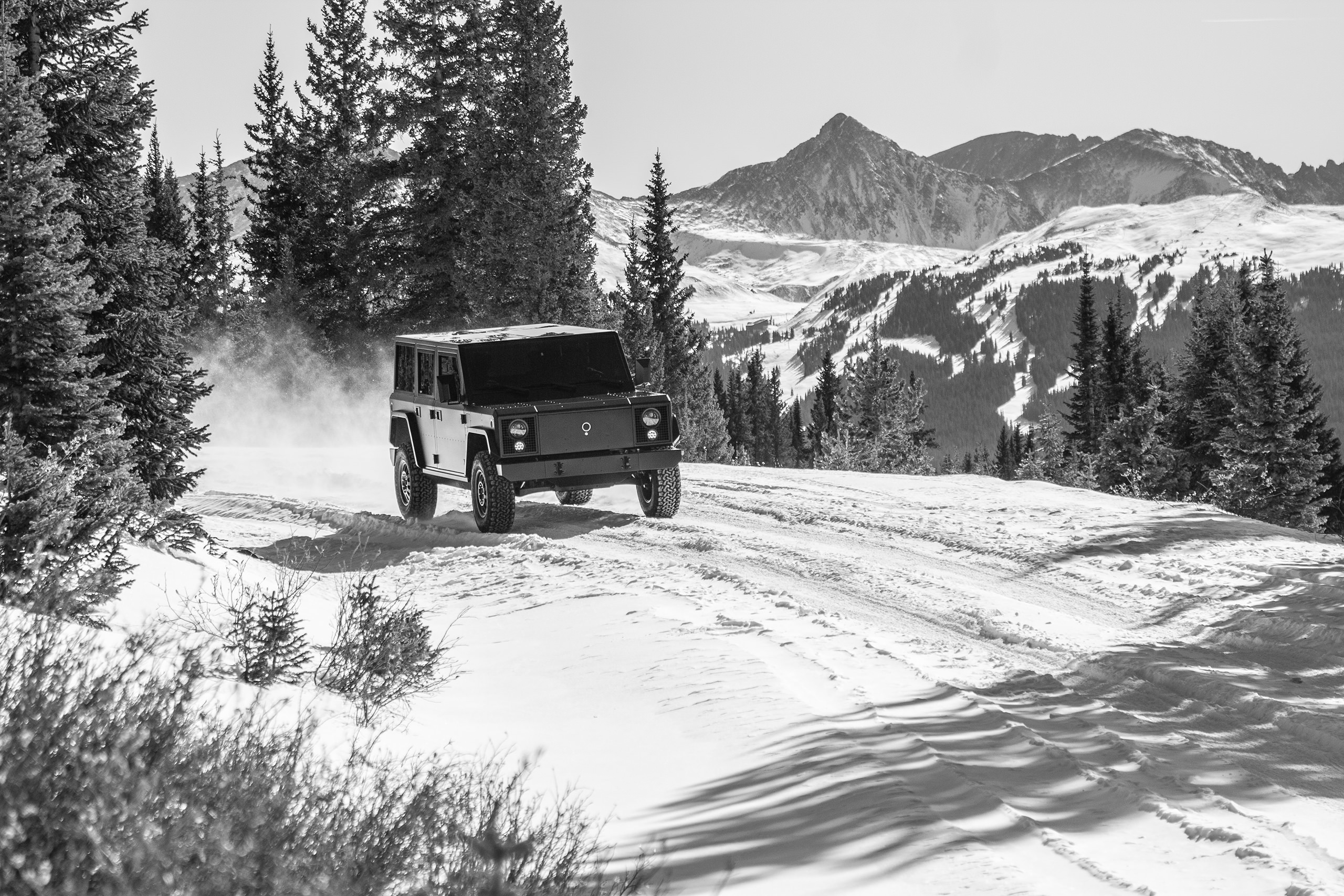 The Bollinger B1 on a Colorado snow trail